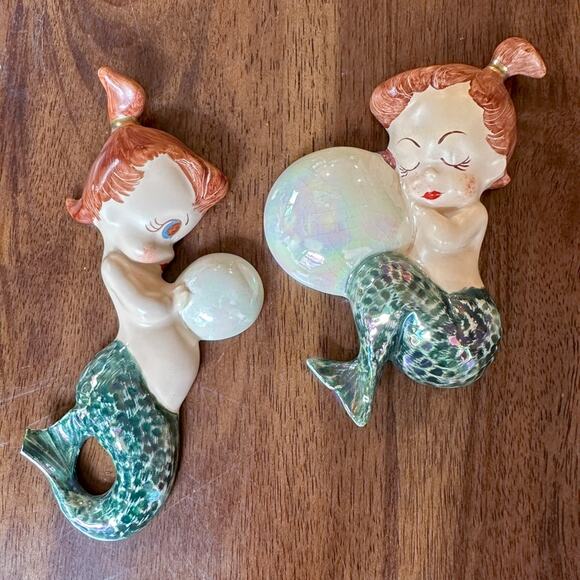 Set of Two Mermaid Wall Plaques Water Babies with Bubbles - Picture 2 of 12